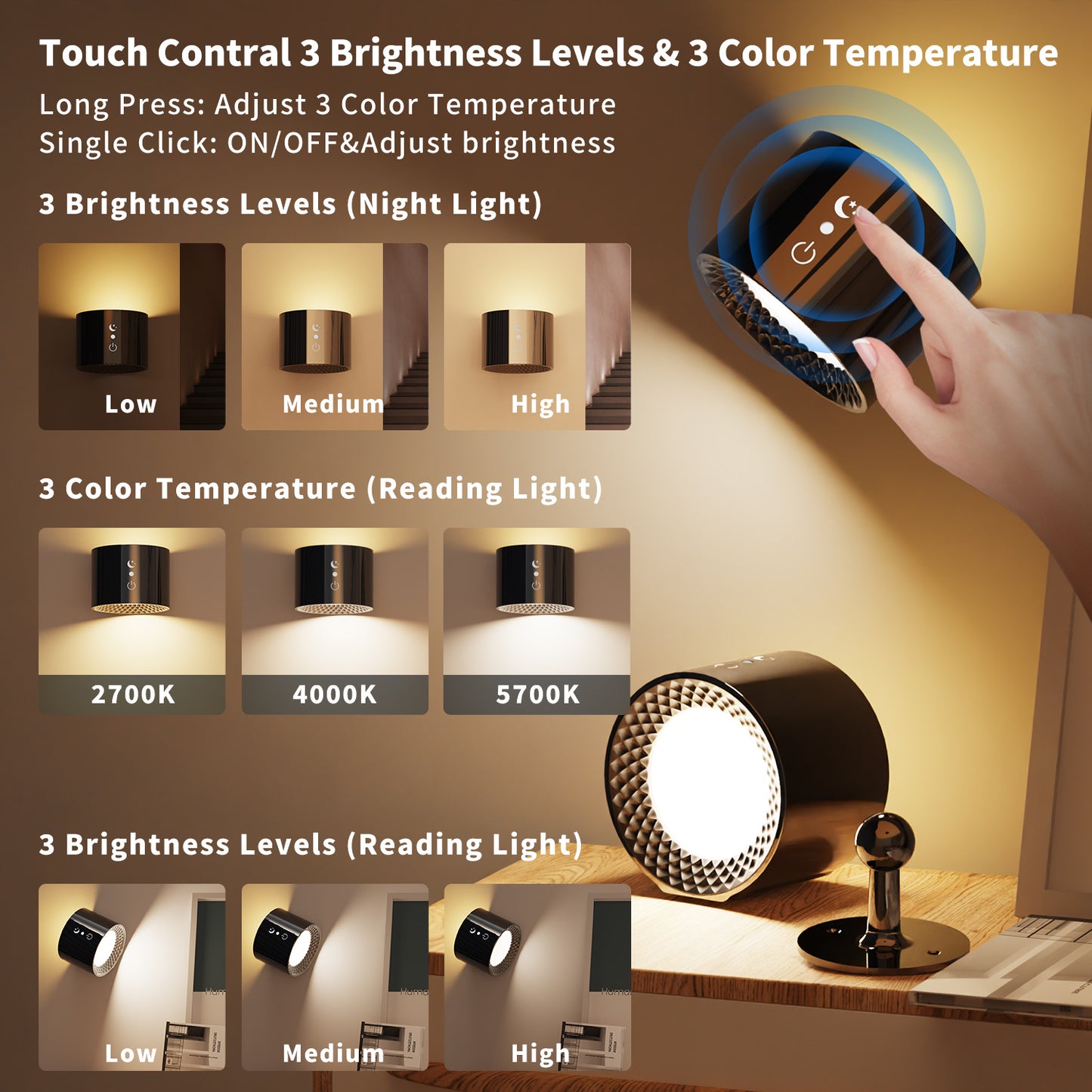 Touch Control LED Wall Light Rechargeable